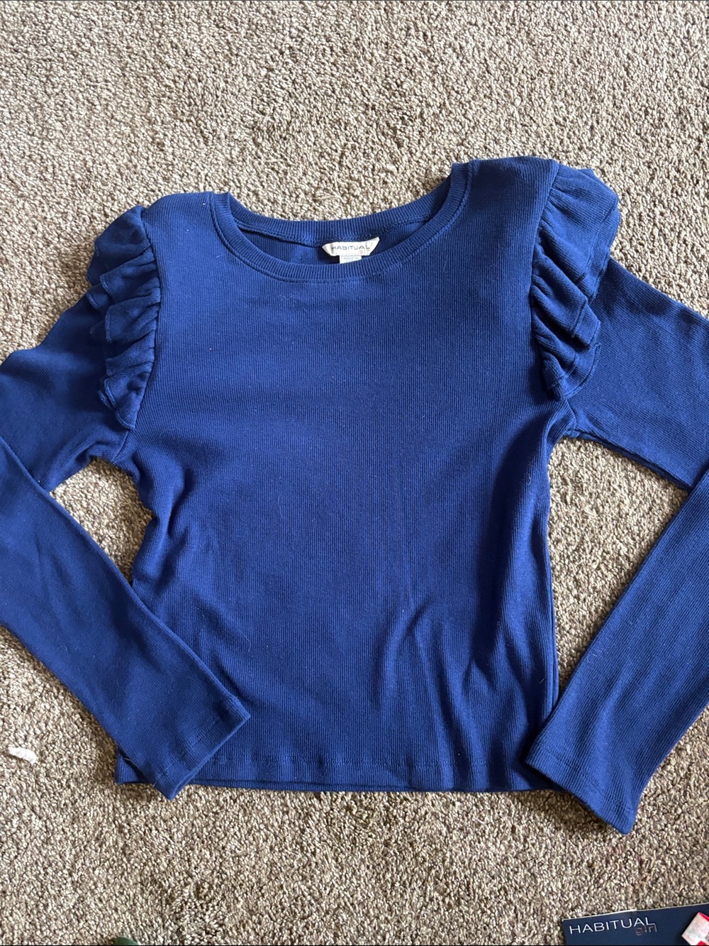 Habitual Navy Blue Ruffle Shoulder Long Sleeve sweater